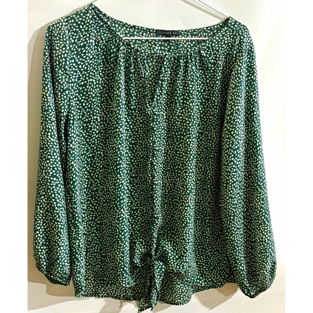 West Kei Women’s Blouse M Green/White Animal Print Round Neck Tie Front LongSlv